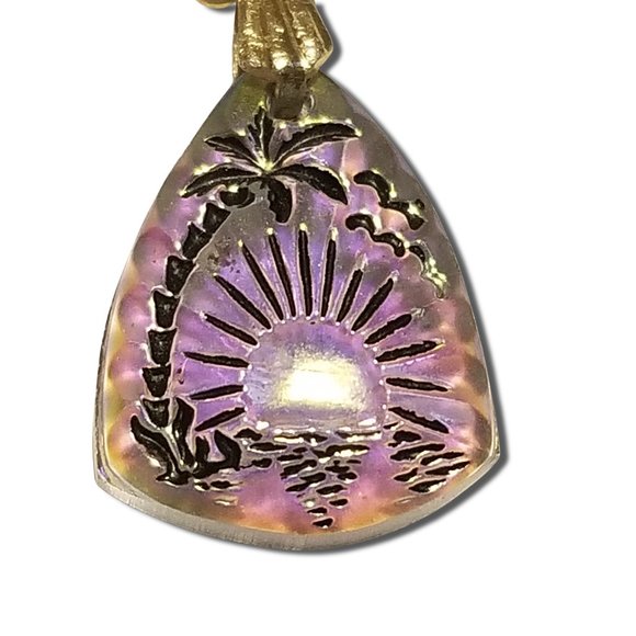 Germany Vintage Gold Tone Curb Chain Iridescent Rainbow Glass Sunset Pendant - Picture 4 of 6